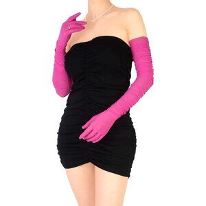 Women's Fuschia Sexy Tulle Sheer Mesh Long Satin Gloves Opera Party Prom Costume